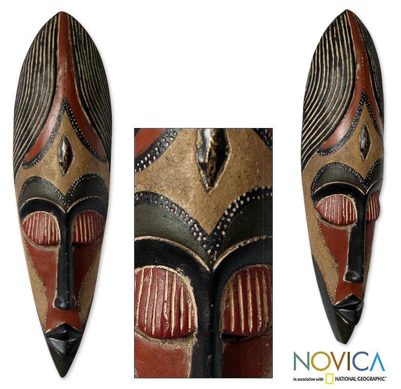 Handmade Sese Wood 'Brave Fighter' African Mask (Ghana) - multi