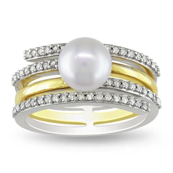 Miadora Silver Black FW Pearl and 1/10ct TDW Diamond Ring (H I, I2 I3