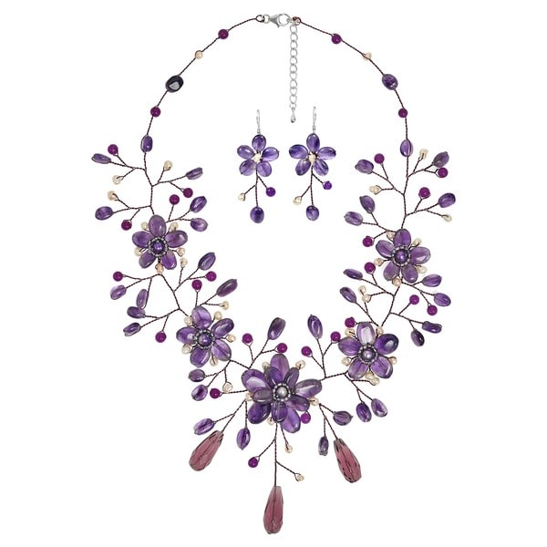 Handmade Floral Nature Purple Ametyst and Pink Pearl Jewelry Set (Thailand)