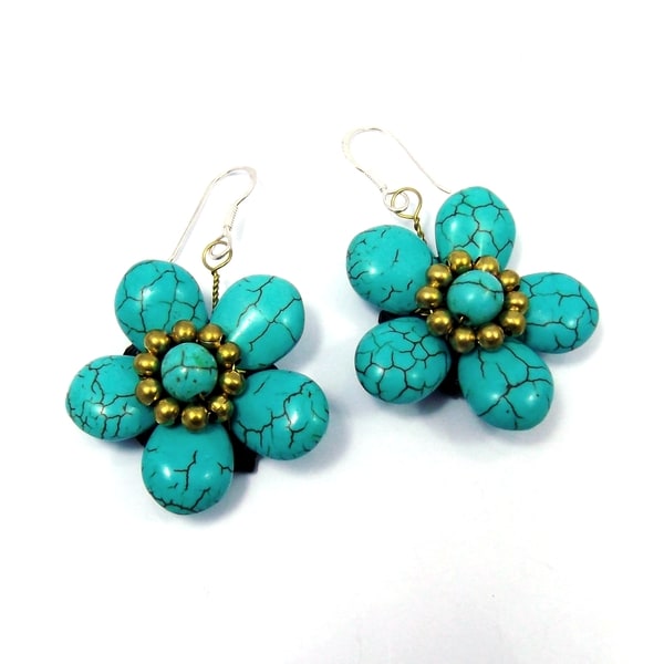 Sterling Silver Blue Turquoise Flower Earrings (Thailand) Earrings