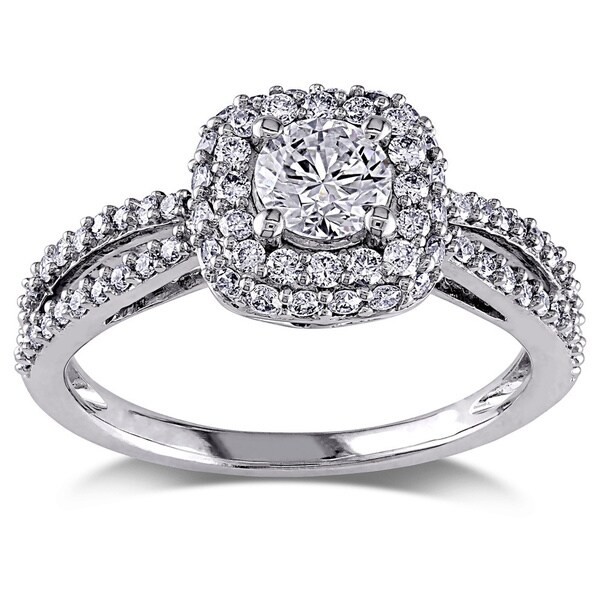 Miadora Signature Collection 14k White Gold 1ct TDW Diamond Halo Split Shank Stackable Engagement Ring (G-H, I1-I2). Opens flyout.