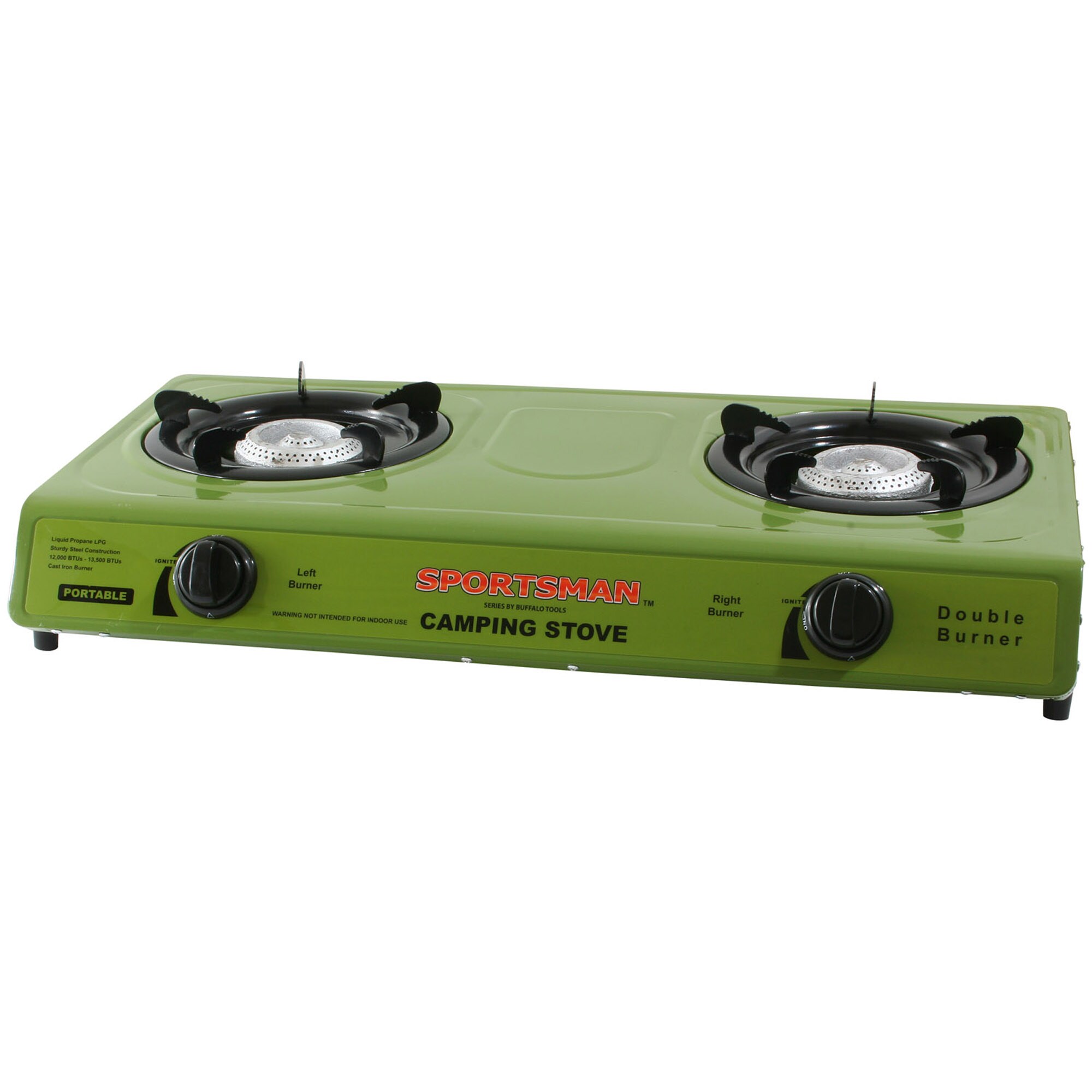 Buffalo Tools Dual burner Gas Stove (GreenGreat for cooking at the campsite and while tailgating, brew coffee, fry eggs, and heat water outdoorsAuto ignite design, steel constructionAdjustable cast iron burner provides 12,000 to 13,500 BTUsHooks up to LP 