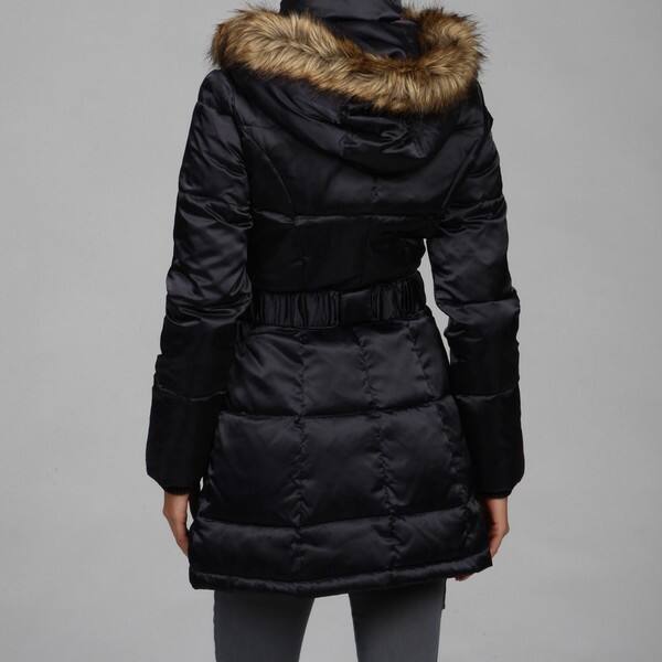 Laundry Women's Belted Faux Fur Trim Satin Down Jacket Free Shipping Today
