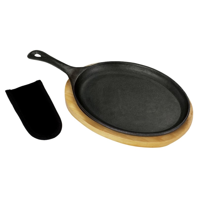 Bayou Classic Cast Iron Fajita Pan with Wooden Tray