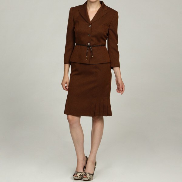 Tahari Women's Copper/ Brown Notch Collar Belted Skirt Suit - 13781140 ...