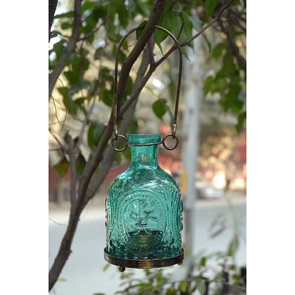 Handmade Glass and Brass Aqua Hanging Lantern (India)
