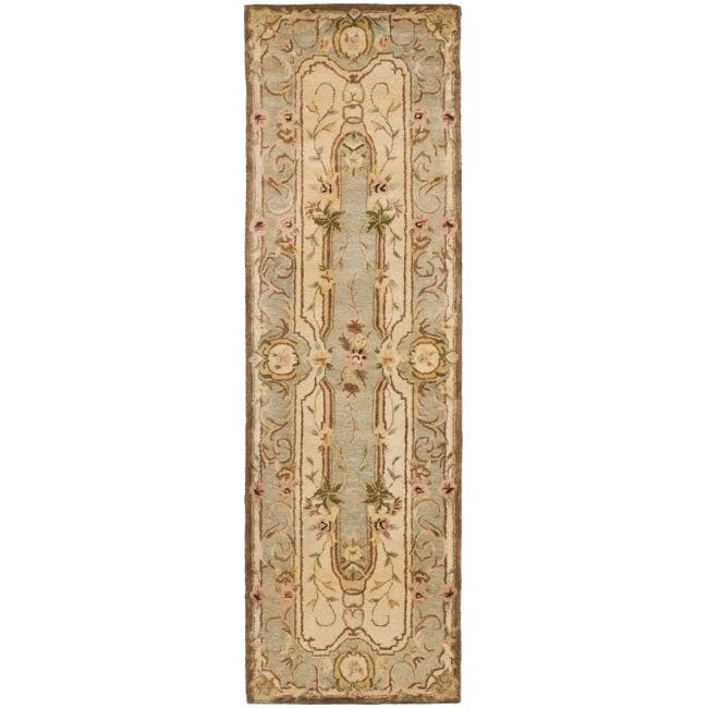 Handmade Aubusson Plaisir Ivory/ Light Blue Wool Rug (26 X 10)