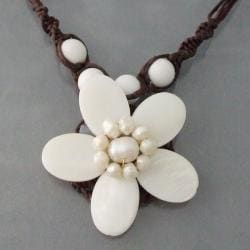 Cotton Rope White Shell and Pearl Flower Necklace (4 8 mm) (Thailand) Necklaces