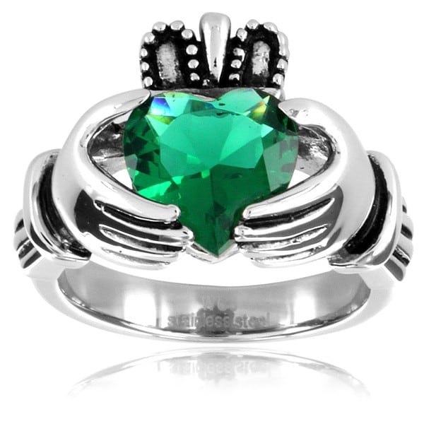 West Coast Jewelry Stainless Steel Heart cut Green Cubic Zirconia Claddagh Ring West Coast Jewelry Cubic Zirconia Rings
