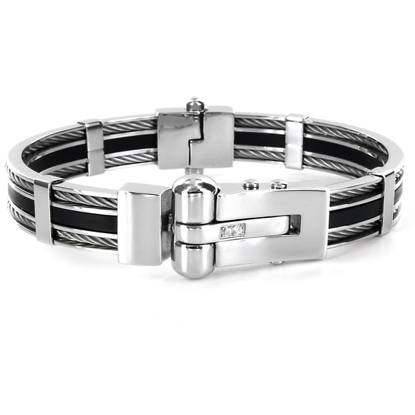 West Coast Jewelry Stainless Steel Men's Cubic Zirconia and Cable Inlay Bracelet West Coast Jewelry Men's Bracelets