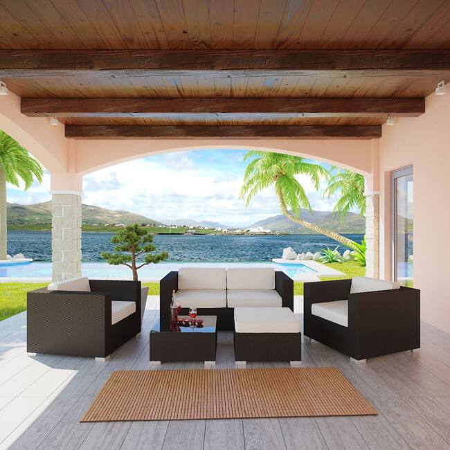 Malibu Collection 5-Piece Wicker Rattan Outdoor Sectional Set with Cushions