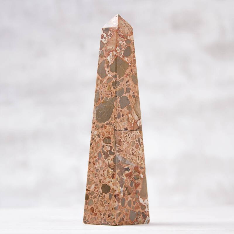 Handcrafted Leopard Jasper 'Fortress' Obelisk Sculpture (Peru)
