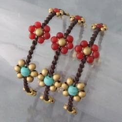 Set of 3 Brass Daisy Turquoise/ Carnelian Jingle Bracelets (Thailand) Bracelets