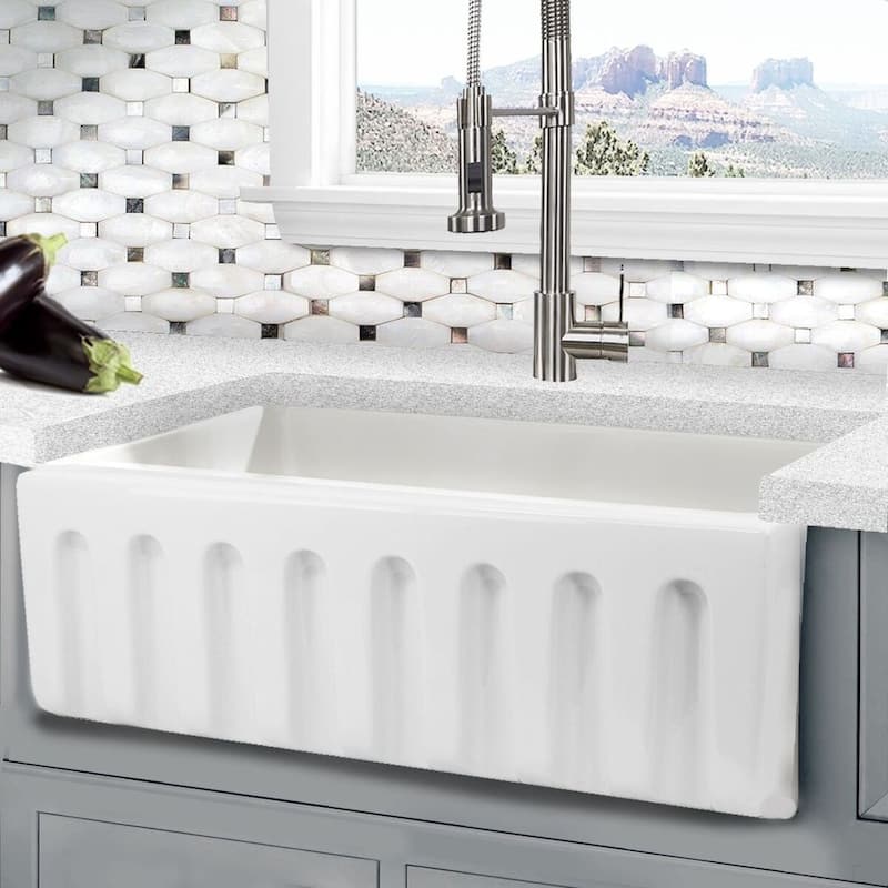 White Italian Fireclay Reversible Farmhouse Kitchen Sink - 29.75" x 18" x 10"