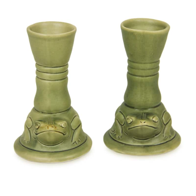 NOVICA Set of 2 Handmade Ceramic 'Yoke Frog' Candleholders (Indonesia) - Green