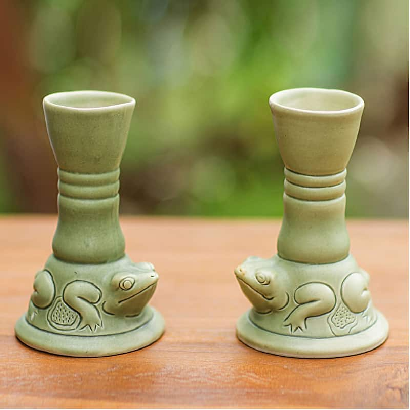 NOVICA Set of 2 Handmade Ceramic 'Yoke Frog' Candleholders (Indonesia) - Green