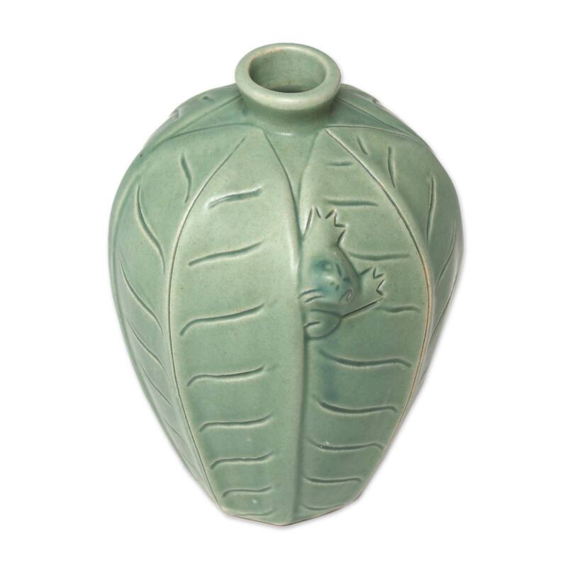 NOVICA Handcrafted Ceramic 'Frangipani Frogs' Vases (Indonesia) - Green