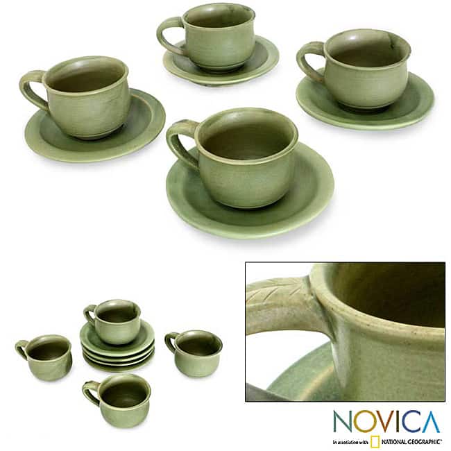 Handmade Set for 4 Ceramic 'Bali Forest' Cups and Saucers (Indonesia)