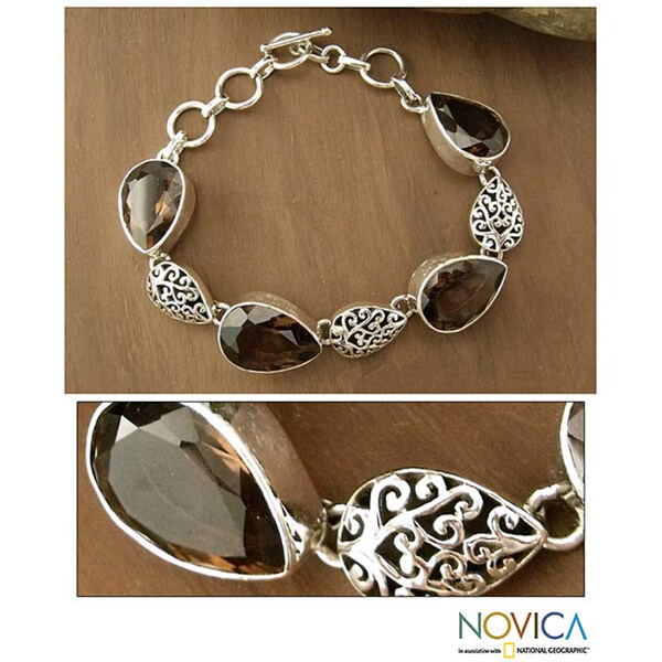 Handmade Sterling Silver 'Tears of Joy' Smoky Quartz Bracelet (India)
