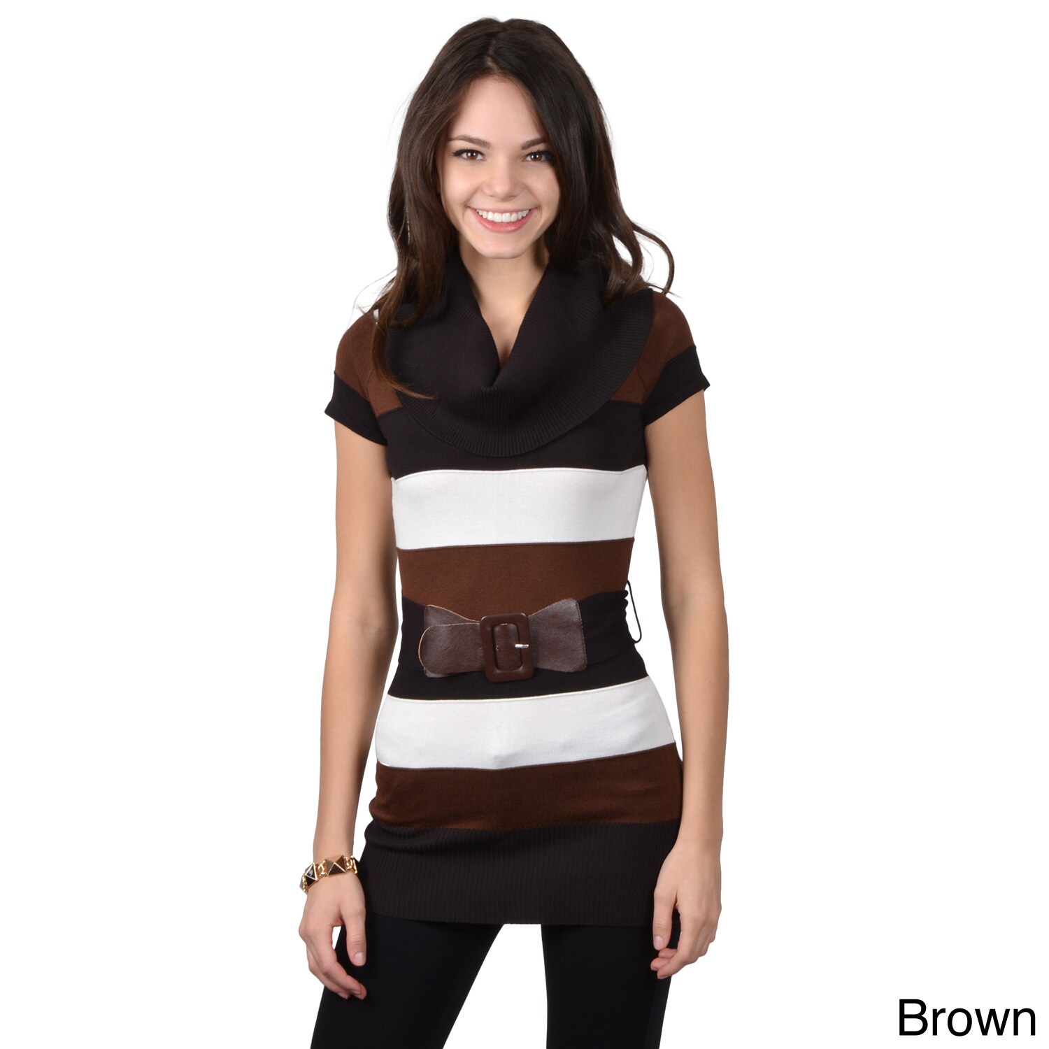 Adi Ci Sono By Adi Juniors Cowl Neck Striped Belted Sweater Tunic Brown Size M (5  7)