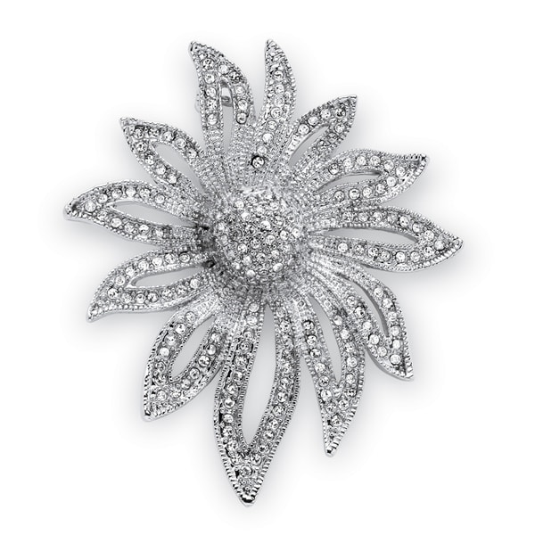 Round Crystal Pave Silvertone Flower Pin Bold Fashion