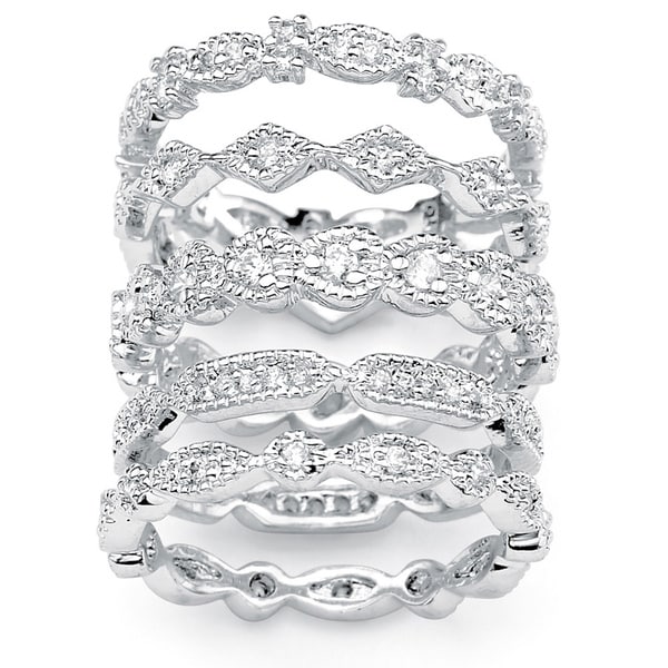 5 Piece 1.55 TCW Round Cubic Zirconia Stack Eternity Bands Set in Silvertone Classic CZ