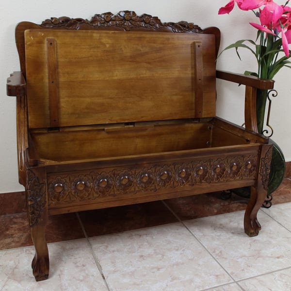 Geometric Carved Wooden Bench