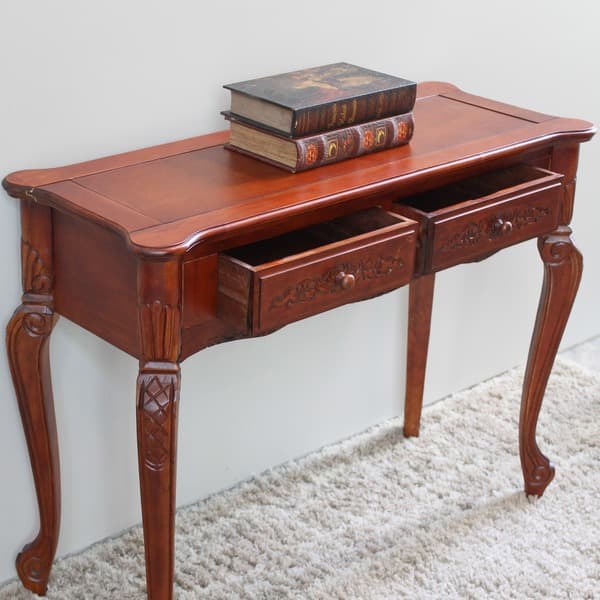 International Caravan Carved Wood 2 Drawer Queen Anne Hall Table