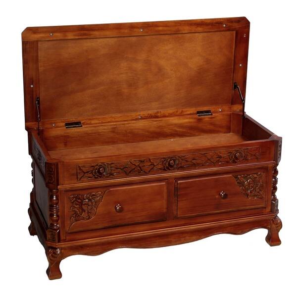 International Caravan Windsor Carved Wood Two-drawer Storage Bench with Cushioned Top - Walnut International Caravan Windsor Carved Wood Two-drawer Storage Bench with Cushioned Top - Walnut