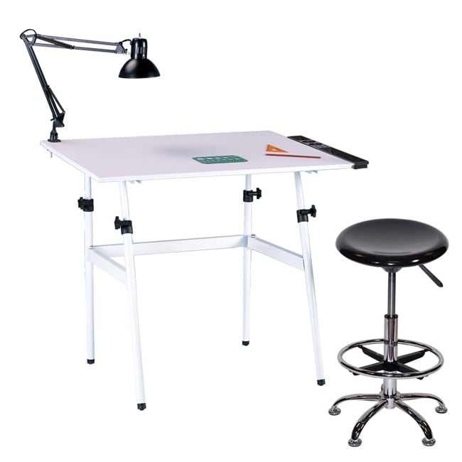 Martin Berkeley 4 piece Table, Tray, Lamp And Draft height Stool Combo (White, blackMaterials Press board, steel, plastic, cloth, foamLamp requires one (1) 60 watt bulb (not included)Stool seat adjusts from 22 to 30 inches highStool footring measures 15 