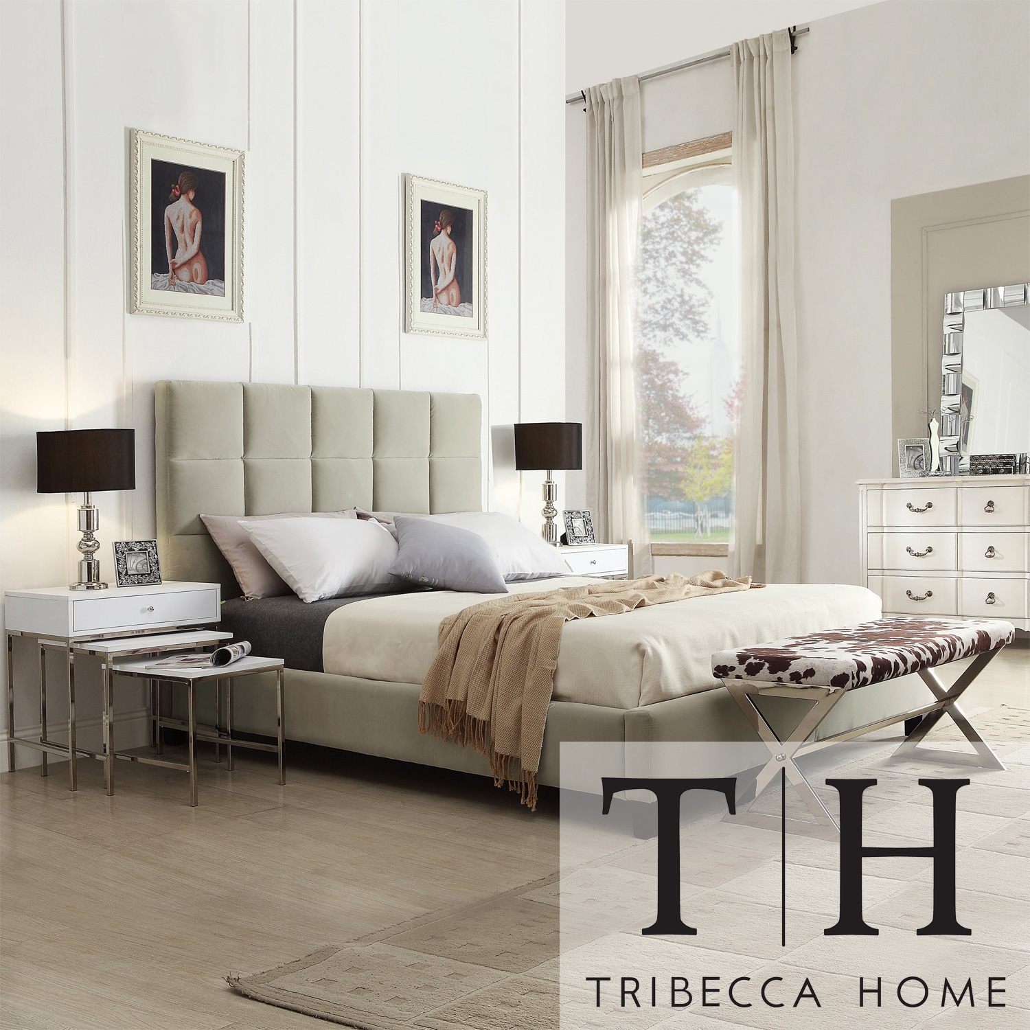 Tribecca Home Tribecca Home Sarajevo Taupe Velvet Column Full size Platform Bed Tan Size Full