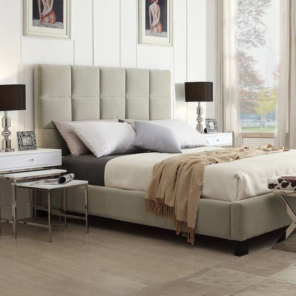 TRIBECCA HOME Sarajevo Taupe Velvet Column Kingsized Upholstered