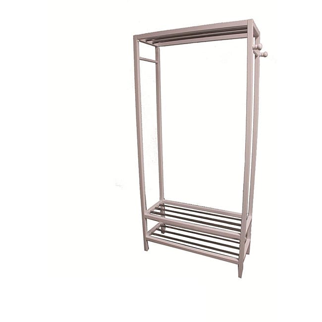 White Hanger And Shoe Rack Stand (WhiteMaterials Wood and steelDimensions 33.5 inches long x 12.75 inches wide x 65.25 inches high Assembly Required )