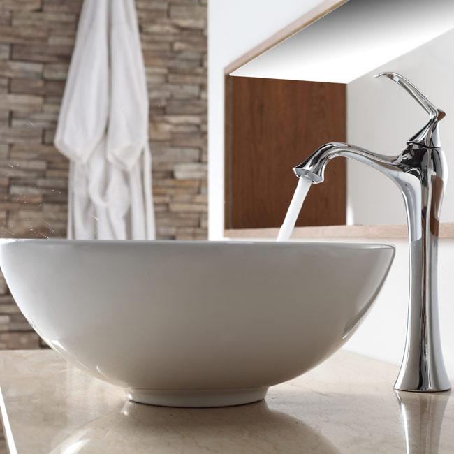 Kraus White Round Ceramic Sink and Ventus Faucet