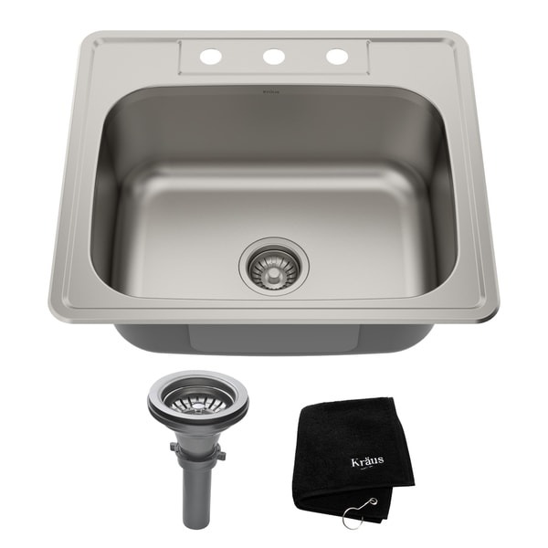 Kraus KTM25 Drop-in 25-in 18G 1-Bowl Satin Stainless Steel Kitchen Sink, NoiseDefend Soundproofing, Strainer, Towel