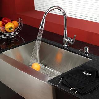 KRAUS 30 Inch Farmhouse Single Bowl Stainless Steel Kitchen Sink, KPF-2230 Pull Down Kitchen Faucet, Soap Dispenser