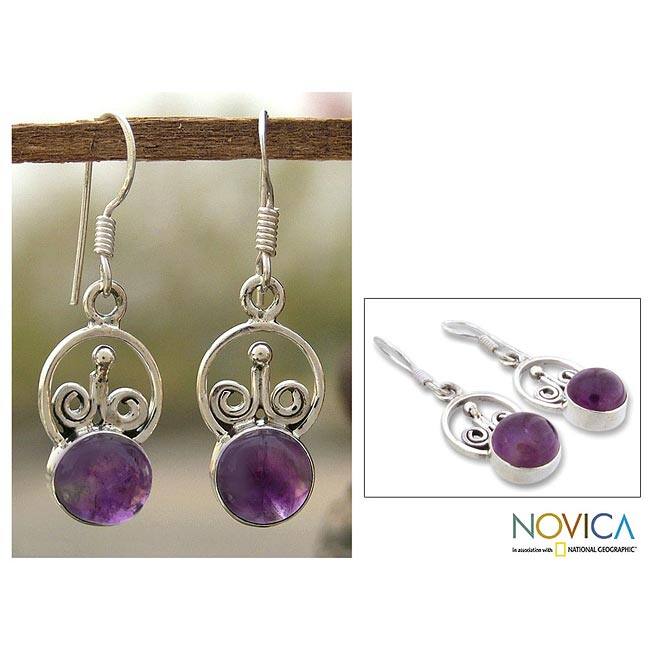 Handmade Sterling Silver 'Exquisite' Amethyst Dangle Earrings (India)