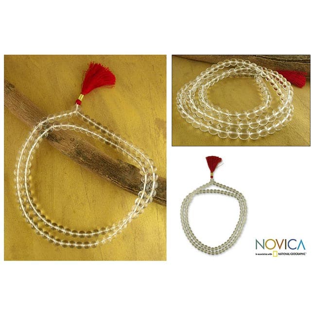 Handmade Quartz 'Pray' Mala Prayer Beads Necklace (India)