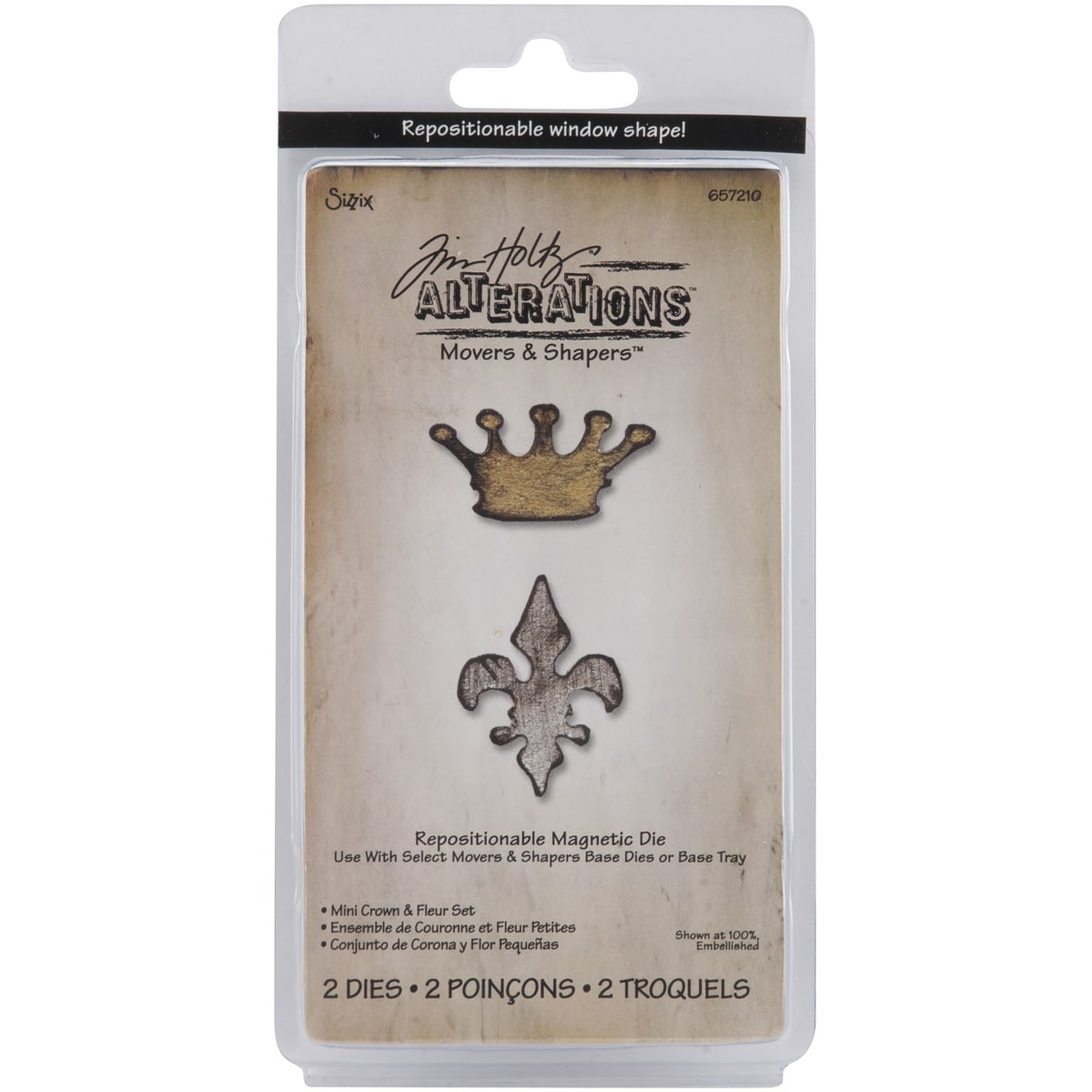 Sizzix Movers and Shapers Magnetic Die Set 2/pkg By Tim Holtz crown and Fleur (1.5 inches x 2.25 inches Design Mini Crown and Fleur SetDimensions Mini Crown and Fleur   1.5 inches height x 1.88 inches wide x 0.5 inches deepDesigner Tim HoltzImported Me