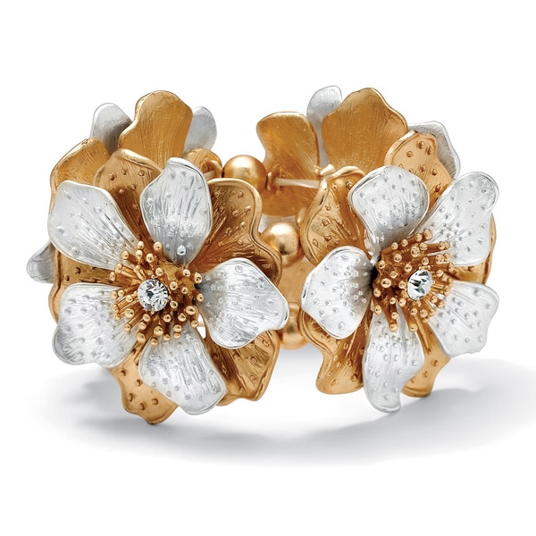 Flower and Crystal Stretch Bracelet in Silvertone and Yellow Gold Tone 8" Bold Fashion