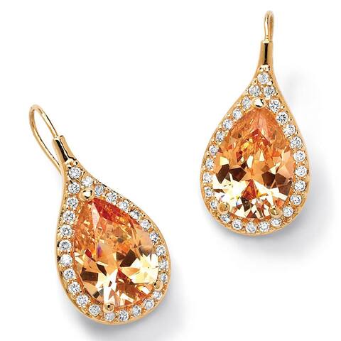 Yellow Gold-Plated Pear Cut Halo Drop Earrings Cubic Zirconia (11 5/8 cttw TDW)