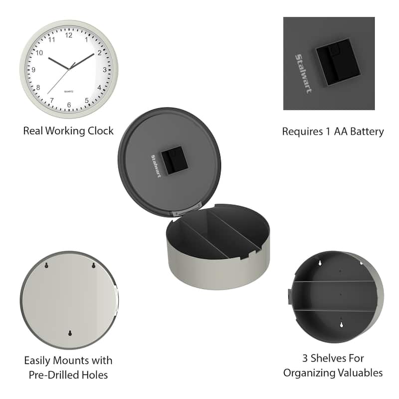 Analog Clock Safe - 10-Inch Battery-Operated Wall Clock with Hidden Compartment by Trademark Home (Silver) - 10" x 10" x 3.3"