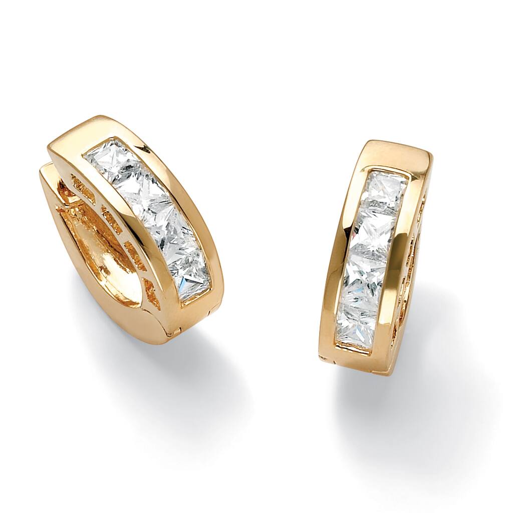 Yellow Gold-Plated Huggie Hoop Earrings (18mm) Princess Cut Cubic Zirconia (3 cttw TDW)