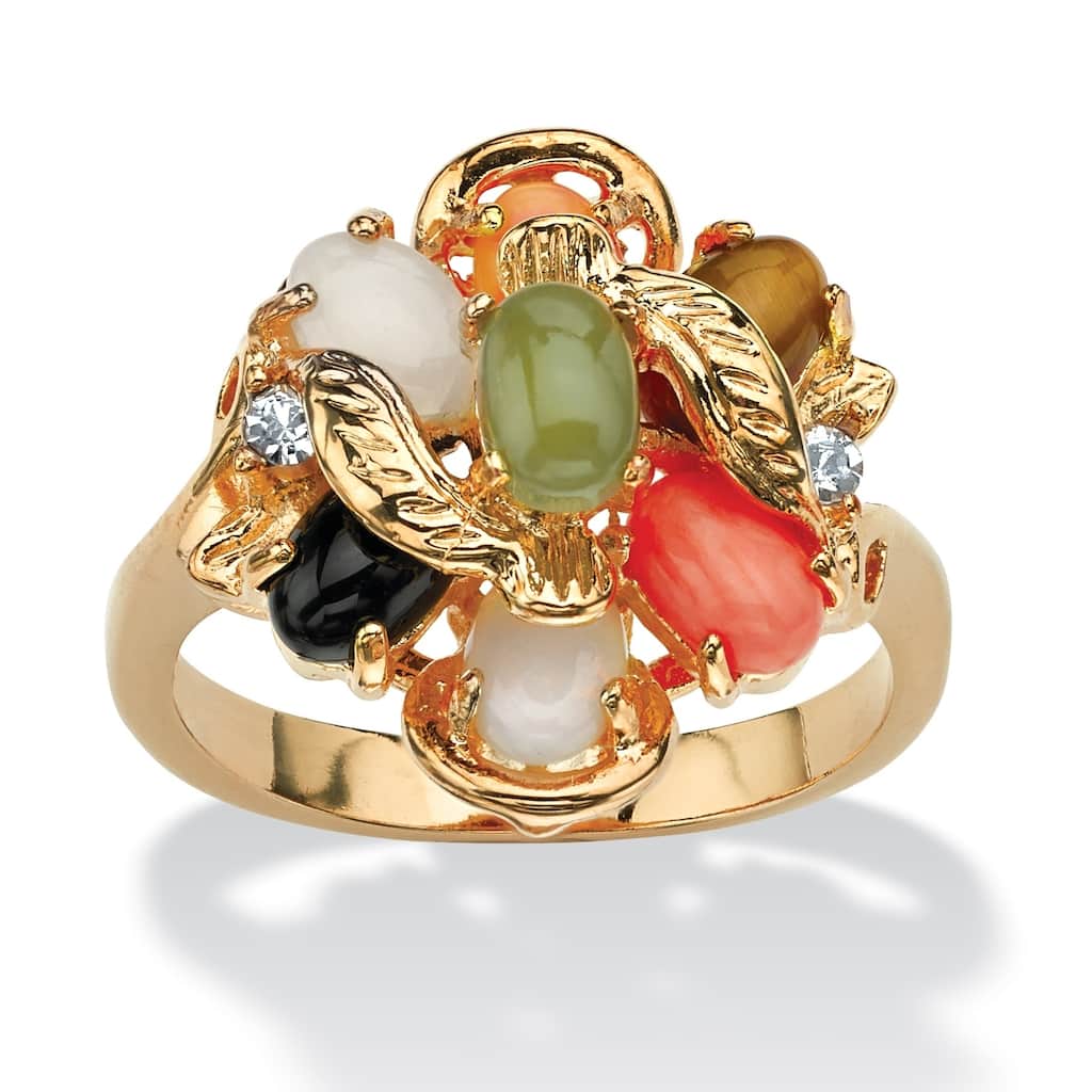 18K Gold-plated Jade, Coral and Opal Ring