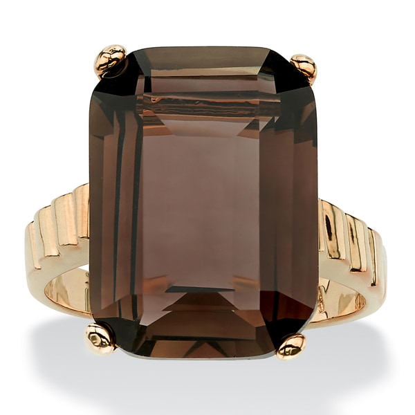 10.75 TCW Emerald-Cut Smoky Quartz Ring in 14k Gold-Plated - Free