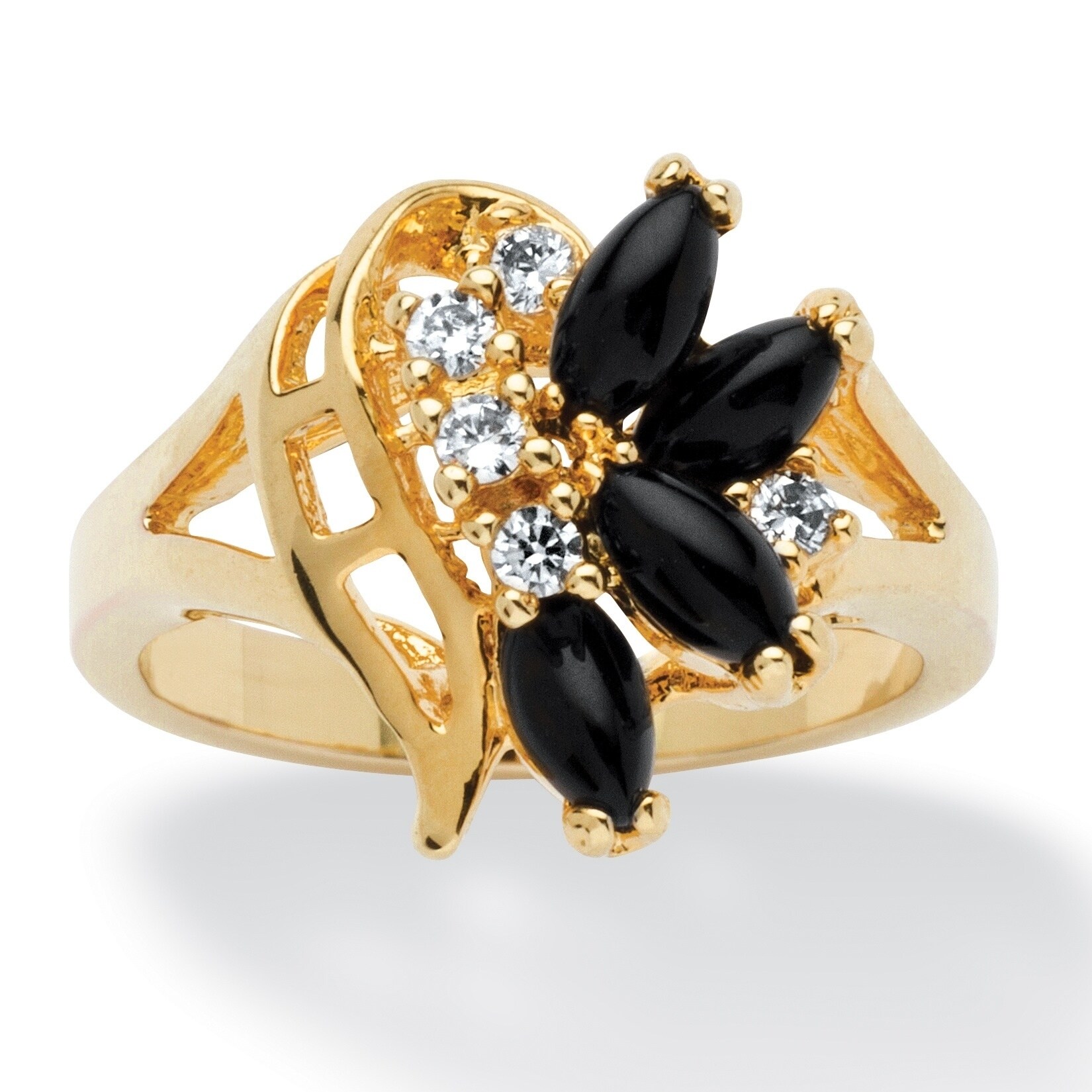 14k Yellow Gold Plated Natural Black Onyx And Round Crystal Ring On Sale Overstock