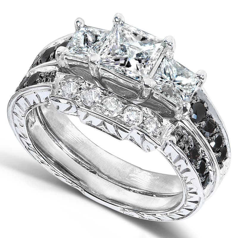 Kobelli 1.6 Carats Natural Black & White Diamond 14k Solid White Gold Princess 3-Stone Vintage Style Josephine 2pc Bridal Set