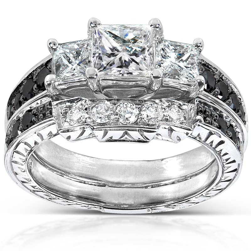 Kobelli 1.6 Carats Natural Black & White Diamond 14k Solid White Gold Princess 3-Stone Vintage Style Josephine 2pc Bridal Set - 4