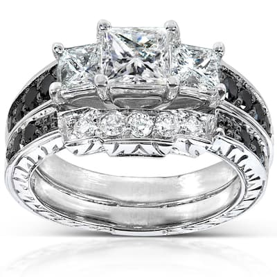 Kobelli 1.6 Carats Natural Black & White Diamond 14k Solid White Gold Princess 3-Stone Vintage Style Josephine 2pc Bridal Set