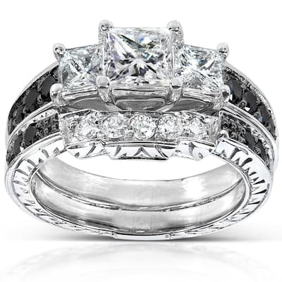 Kobelli 1.6 Carats Natural Black & White Diamond 14k Solid White Gold Princess 3-Stone Vintage Style Josephine 2pc Bridal Set